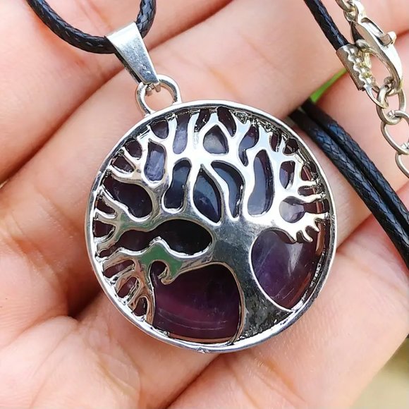 Amethyst Natural Gemstone Tree Of Life Round Pendant Gemstone Necklace - Picture 2 of 2